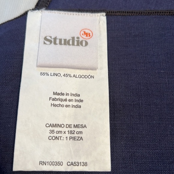 Studio 3B-Blue w/Black Contrast Stitch Linen Blend Table Runner- 14” x 72”-NWT - Picture 7 of 7